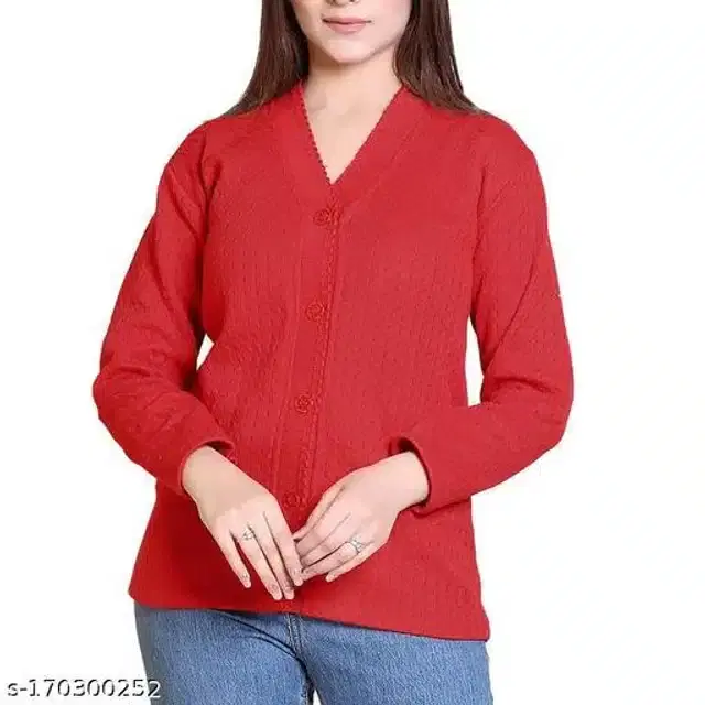 Woolen Solid Full Sleeves Cardigan for Women (Red, XL)