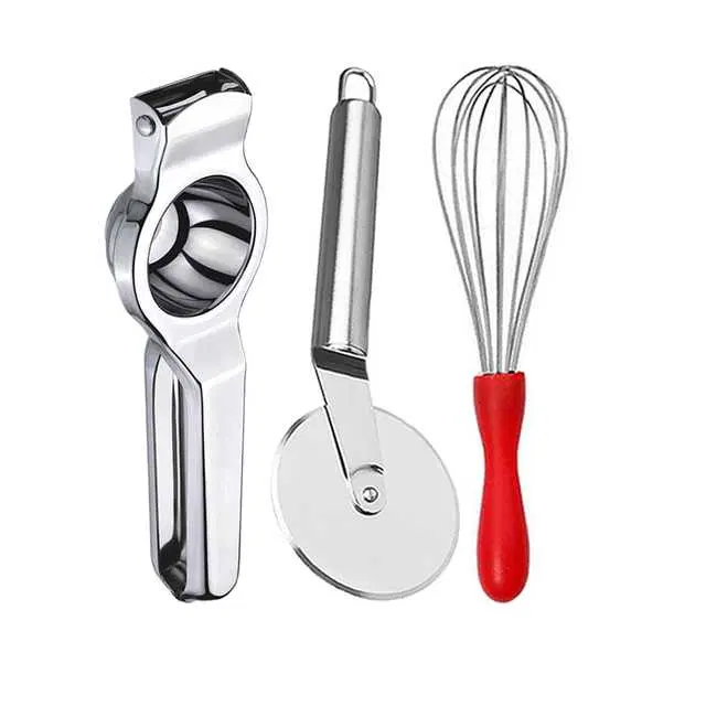 Oc9 Stainless Steel Lemon Squeezer & Pizza Cutter & Egg Whisk Kitchen Tool Set, O-51