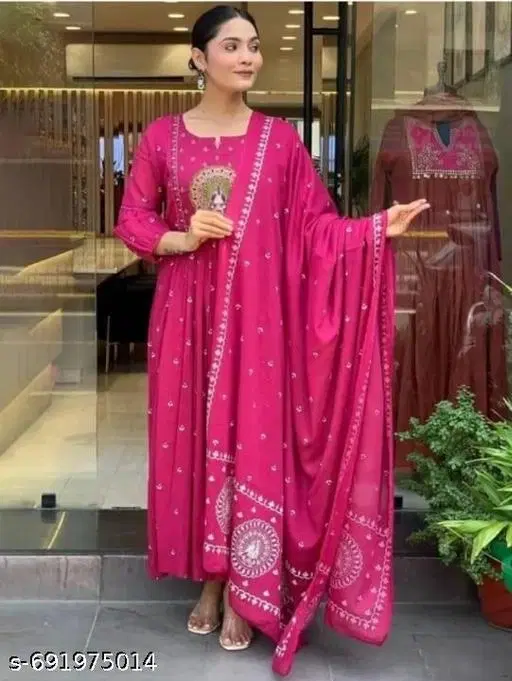 Printed Rayon Womens kurta sets Pink, (Size: L)