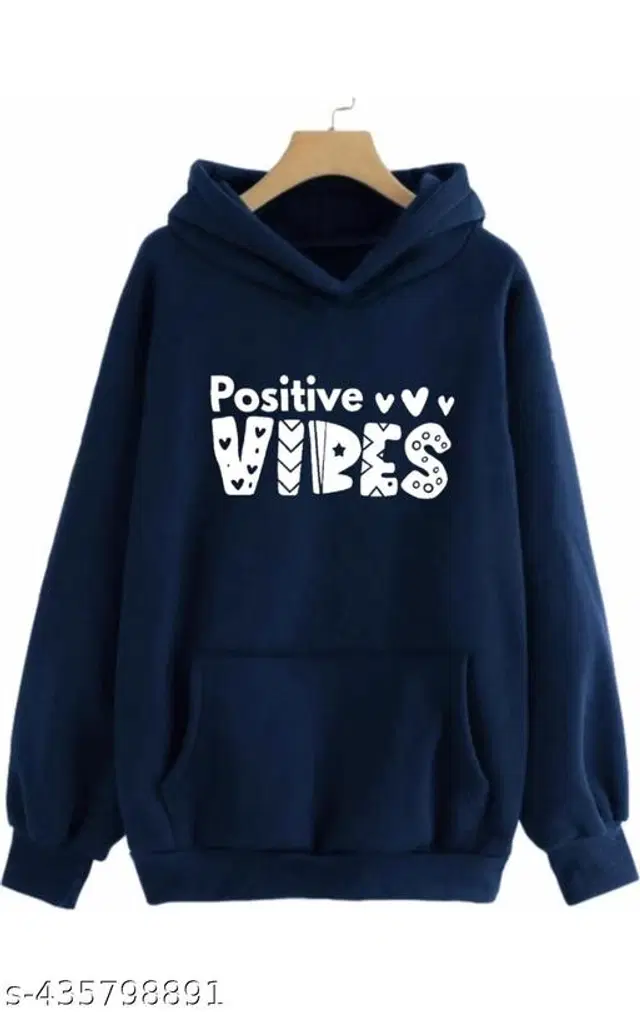 Fleece Printed Hoodie for Women (Navy Blue, S)