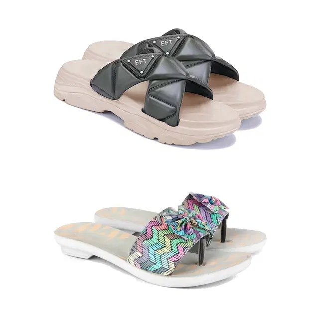 Combo of Sliders & Flats for Women, Set of 2 (Multicolor, 6)