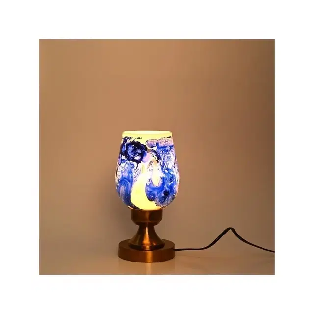 Marble Glass Shade Table Lamp With Brass Base (Blue & White)