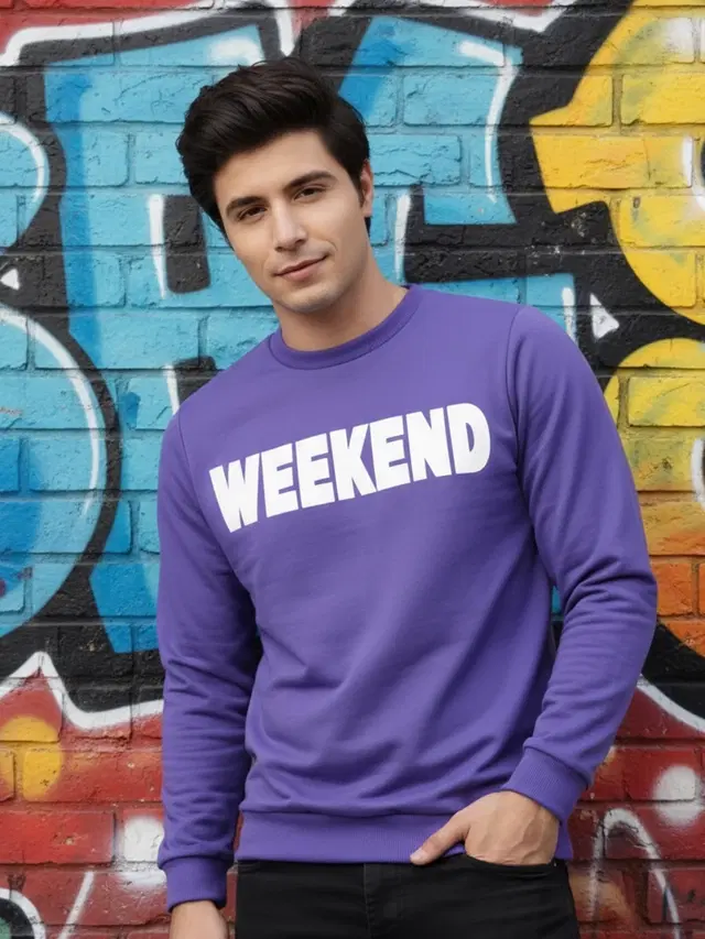 Fleece Printed Sweatshirt For Men, Purple (XXL)