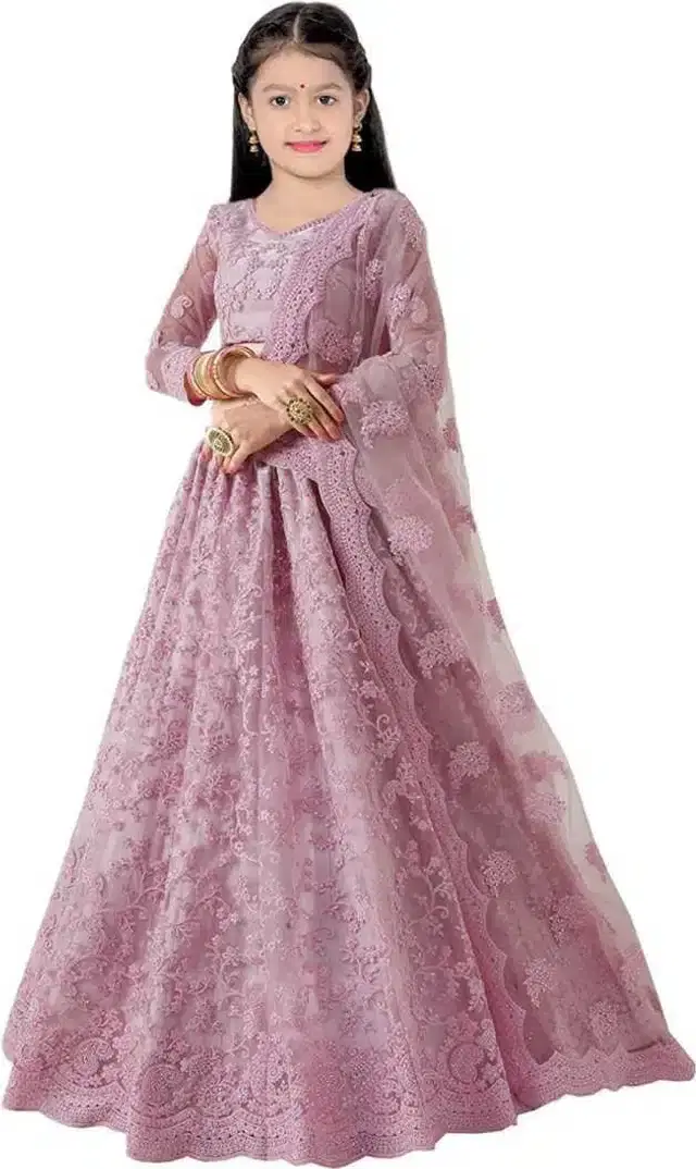 Net Embroidered Semi Stitched Lehenga for Girls (Pink, 3-4 Years)