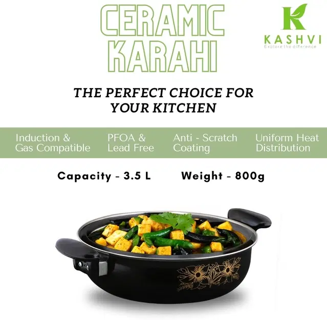 Cast Iron Kadai with Lid, Black & Silver, 28 cm