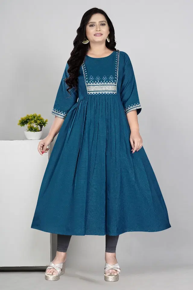 Zari Embroidered Cotton Blend Anarkali Kurti for Women (Blue, M)