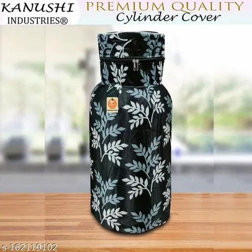 KANUSHI Industries® Washable Cotton Small Leaves Design 1 Piece Lpg Gas Cylinder Cover (Black)(CYL-BLACK-SMALL-LEVS-01)