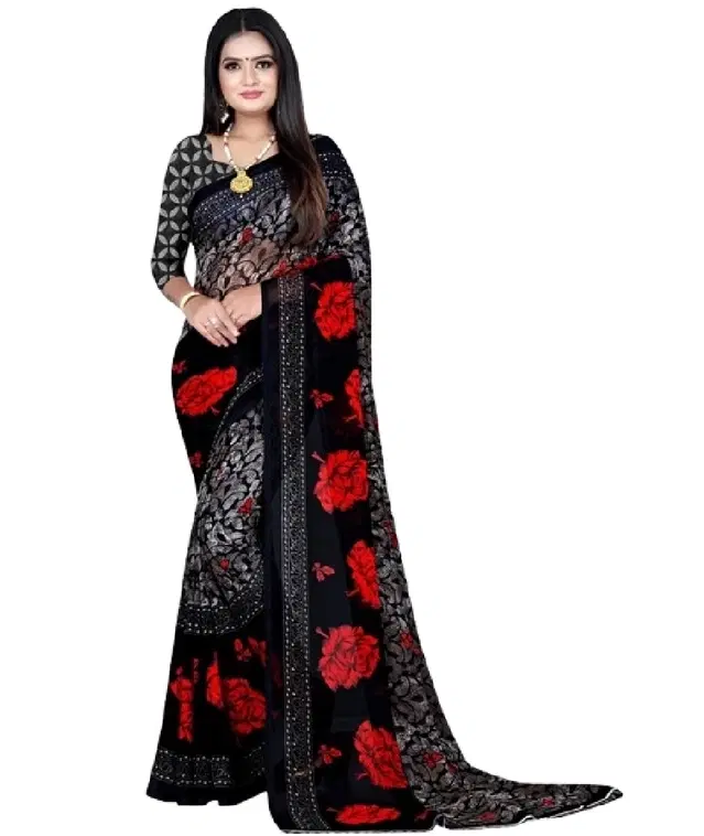 Georgette Floral Print Saree for Women, Black