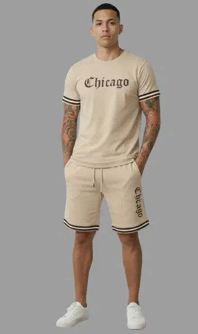 Polyester Chicago Printed T-shirt With Matching Shorts, Beige (S)