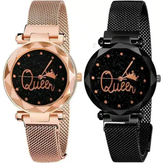 Women's Analog Watches, Pack of 2 (Black & Rose Gold)