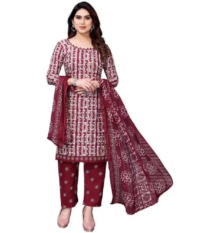 Crepe Printed Unstitched Suits Fabrics for Women (Maroon, 2.25 m)
