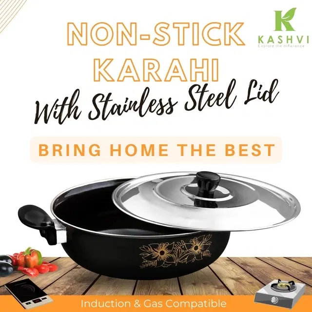 Cast Iron Kadai with Lid, Black & Silver, 28 cm