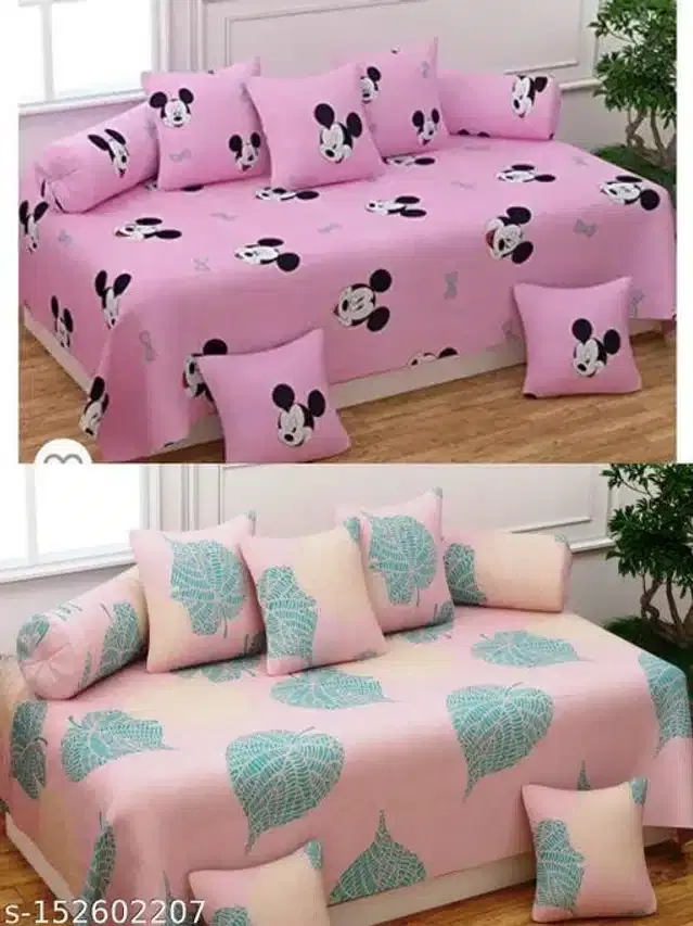 Polycotton Diwan Cover Set, Pink & Peach, Combo of 2