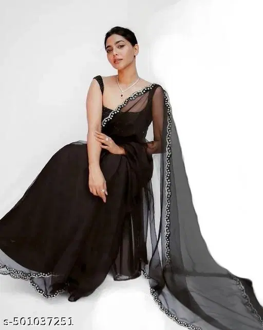 Chiffon Printed Saree For Women, Black