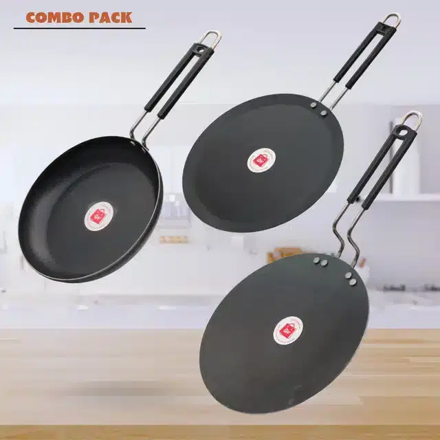 Traditional Iron Fry Pan & Induction Base Tawa, Pack of 3, Black, 1000 ml