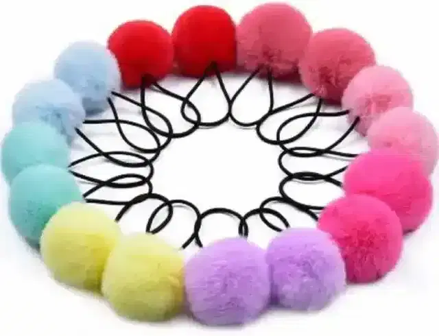 Pom Pom Elastic Hair Ties Fur Fluffy Pompom Rubber band Rubber Band (Multicolor) (6 Pcs)