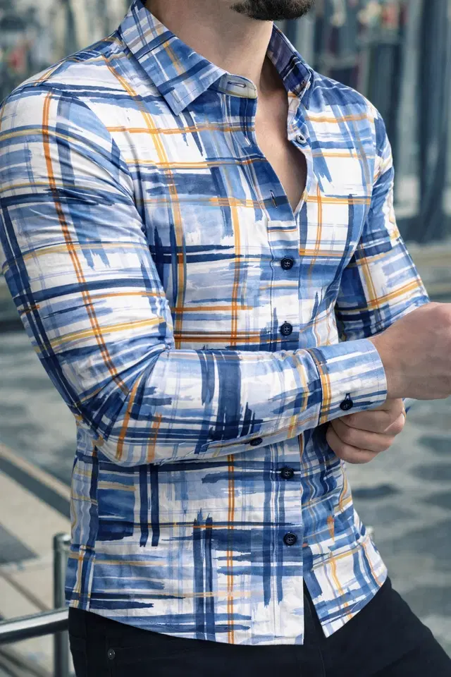 Lycra Geometric Print Shirt for Men, Blue (M)
