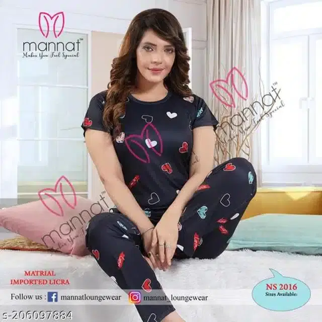 Satin Nightsuit for Women (Black, L)