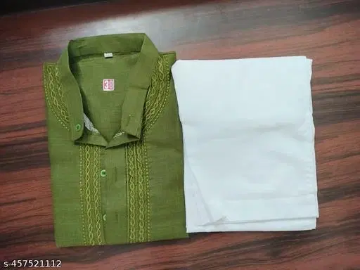 Cotton Solid Kurta Set for Men, White & Olive (M)