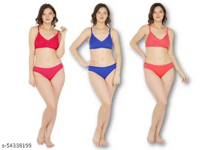 Cotton Blend Solid Lingerie Set for Women, Pack of 3 (Multicolor, 30A)