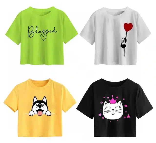 Cotton Printed Crop Tops for Girls, Pack of 4 (Multicolor, 13-14 Years)