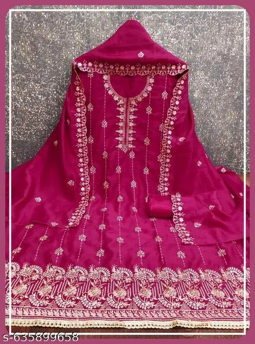 Vichitra Silk Embroidered Punjabi/All Over Suits for Women (Pink, 6.05 meter (M)