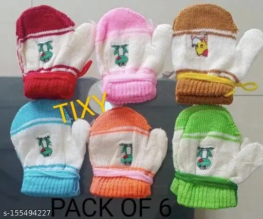 Woolen Gloves for Kids, Set of 6 (Multicolor, 0-3 Months)