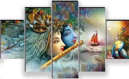 Radha Krishna Wooden Wall Decor Digital Painting Set Of 5, 6x18-1, 6x15-2, 6x9-2
