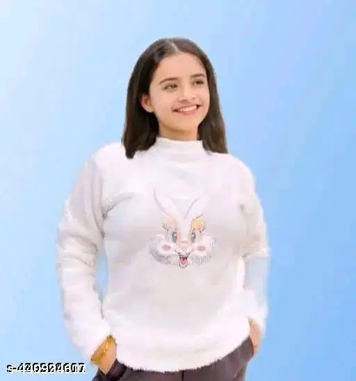 Woolen Printed Sweatshirt for Women (White, S)