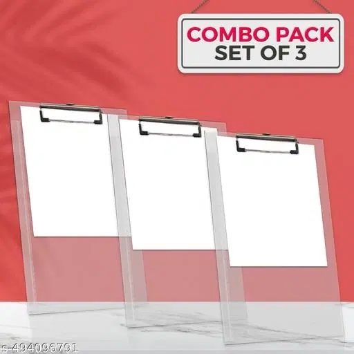 Children's Exciting Combo(II) Transparent Examination Paper Clipboard set of 3| Writing Pad | Drawing/Writing/Exam Board/Clipboard with Clip and Elastic - Sturdy, Lightweight for Office, School, College Transparent Exam Pad