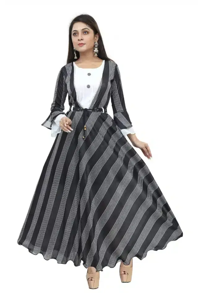 Three Quarter Sleeves Gown for Girls (Black & White, 11-12 Years)