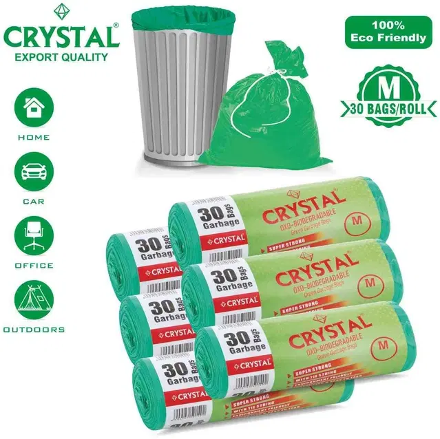 Crystal 30 Pcs Garbage Bags Rolls, Green, 25 L, Set of 6