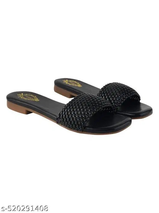 Shoetopia Solid Black Comfort Open Toe Sandals (Size: IND-5)