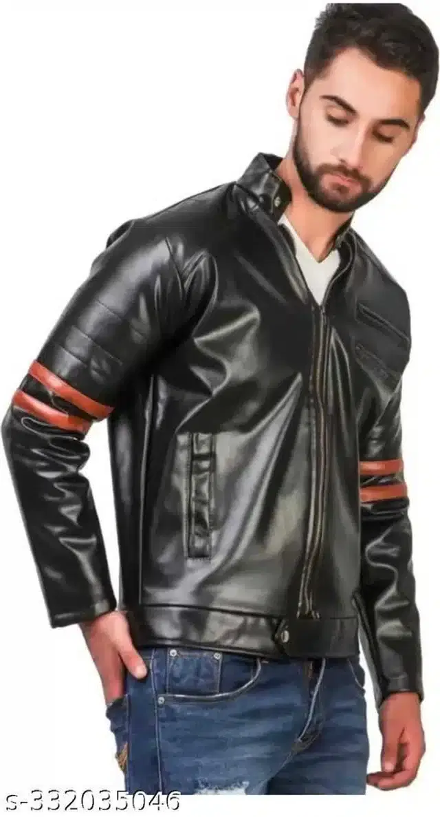 Synthetic Leather Full Sleeves Solid Jacket for Men (Black, M)