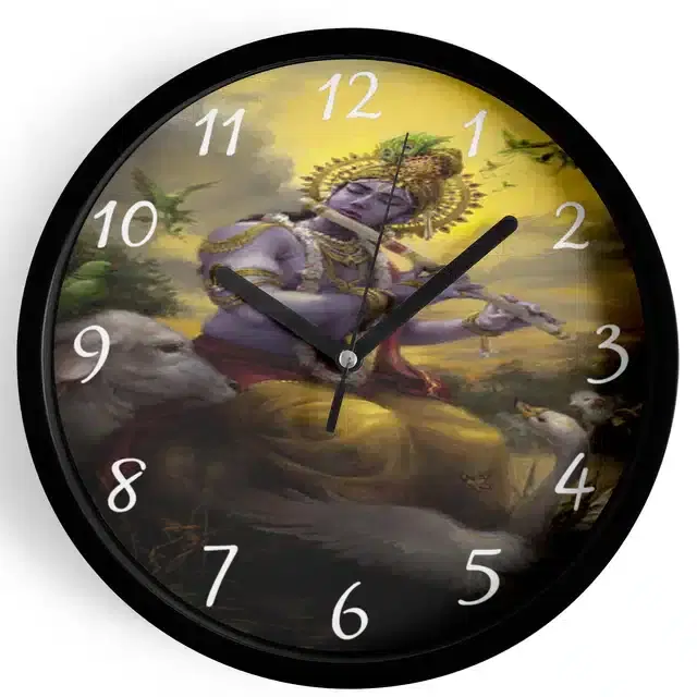 Analog Lord Krishna Wall Clock for Home, Black, 7 Inches