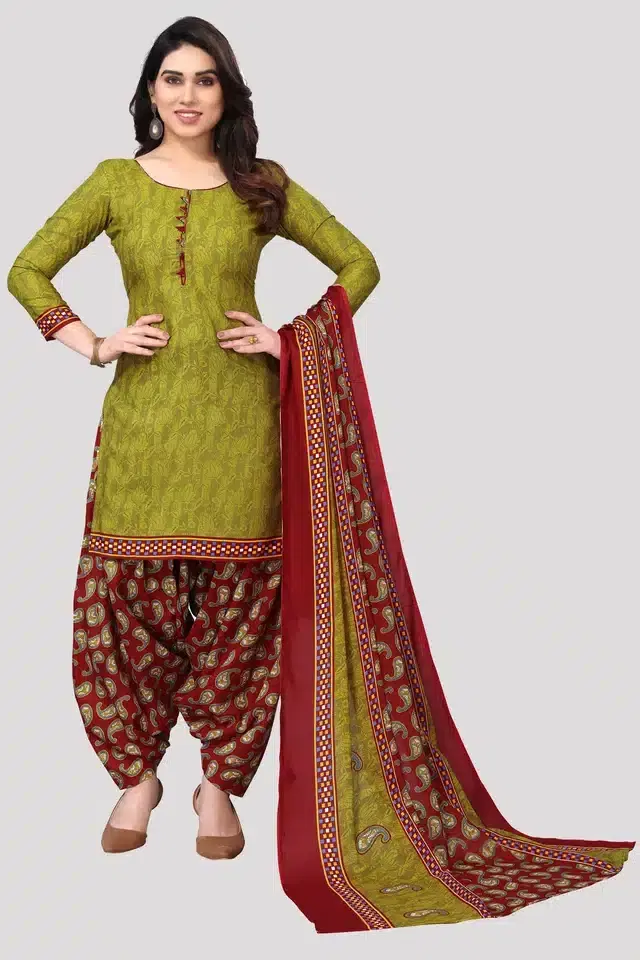 Cotton Blend Printed Unstitched Suit for Women, Green (Red)