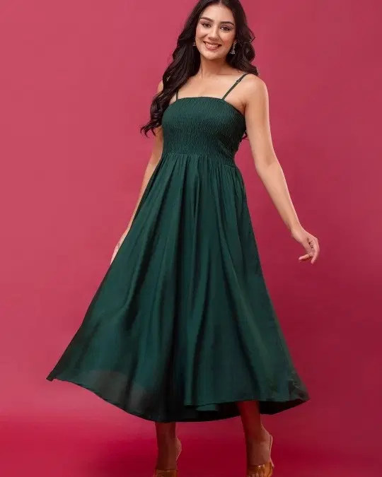 Poly Crepe Dress for Women (Green, S)