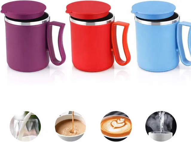 Stainless Steel Coffe Mug, Multicolour, Pack of 3 (300 ML)