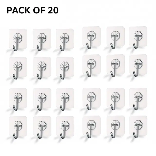Plastic Wall Hooks, Transparent (Pack of 20)