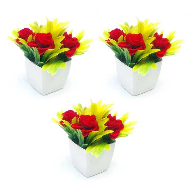 Duli Natural Looking Artificial Flower Pot For Home Decoration, Red, Pack Of 3, D-13