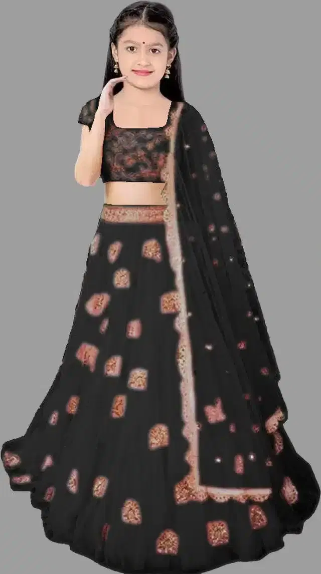 Net Embroidered Semi Stitched Lehenga for Girls (Black, 11-12 Years)