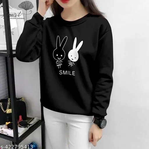Cotton Blend Printed Sweatshirt for Women (Black, XS)