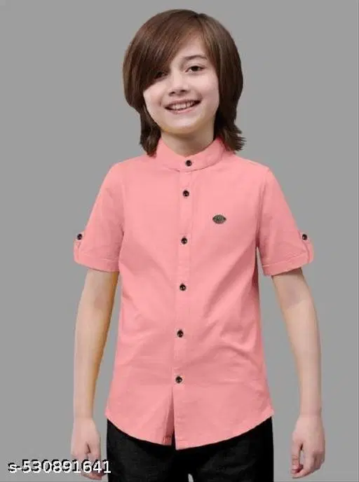Solid Cotton Blend Mandarin Collar Short Sleeve Shirt for Boys (Pink, 4-5 Years)
