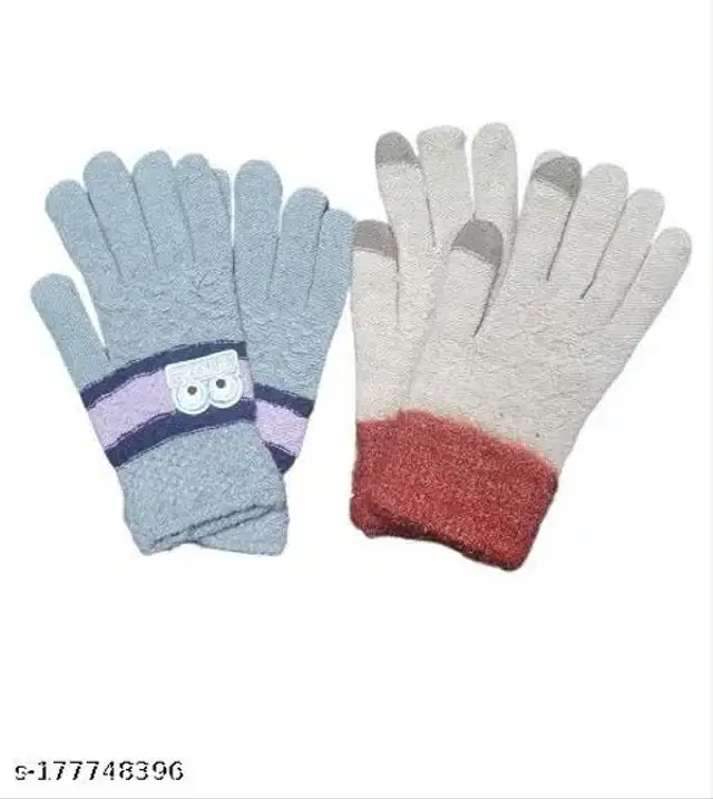 Woolen Winter Gloves for Women, Set of 2 (Sky Blue & Off White, Free Size)
