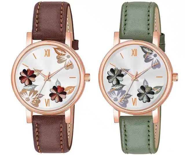 Designer Leather Analog Watch for Women & Girls, Pack of 2 (Brown & Green)