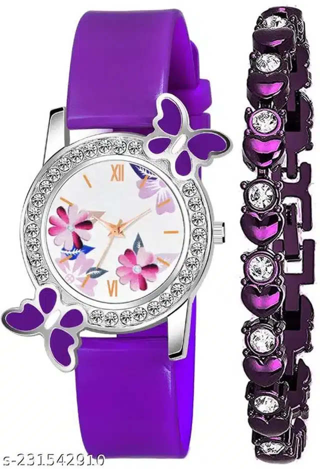 Analog Watch with Bracelet for Women, Set of 2 (Multicolor)