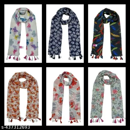 Poly Chiffon Printed Scarves for Women, Pack of 6 (Multicolor, 1.75 m)