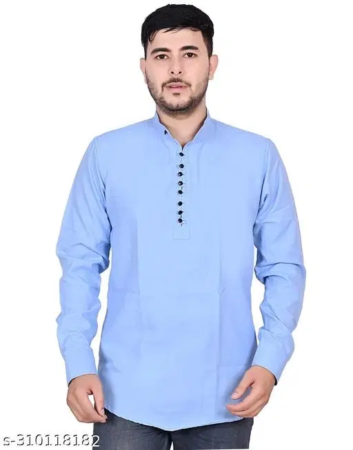 Cotton Blend Solid Short Kurta for Men, Blue (M)