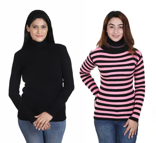 Full Sleeves Solid Sweater for Women, Pack of 2 (Black & Pink, M)
