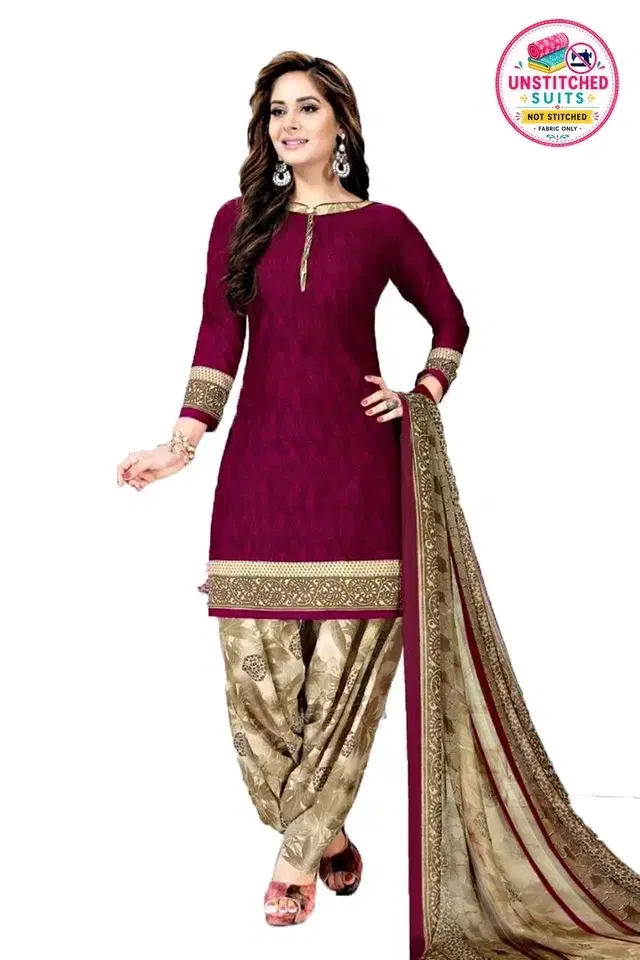 Crepe Printed Womens Unstitched Suits Purple, (Size: 7.5 Mtr)